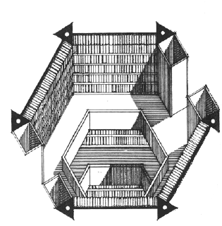 An illustration of one of the Library of Babel's hexagonal reading rooms by Antonio Toca Fernandez. It is embedded with links to the four shelves of books each hexagon contains.