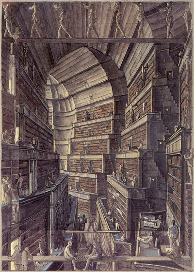 An illustration of the Library of Babel by Erik Desmazieres. Veritiginous shelves surround a central chasm, while librarians carry each other piggy-back across wooden planks.
