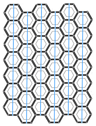 a grid of hexagons. A series of parallel paths passes through them vertically.